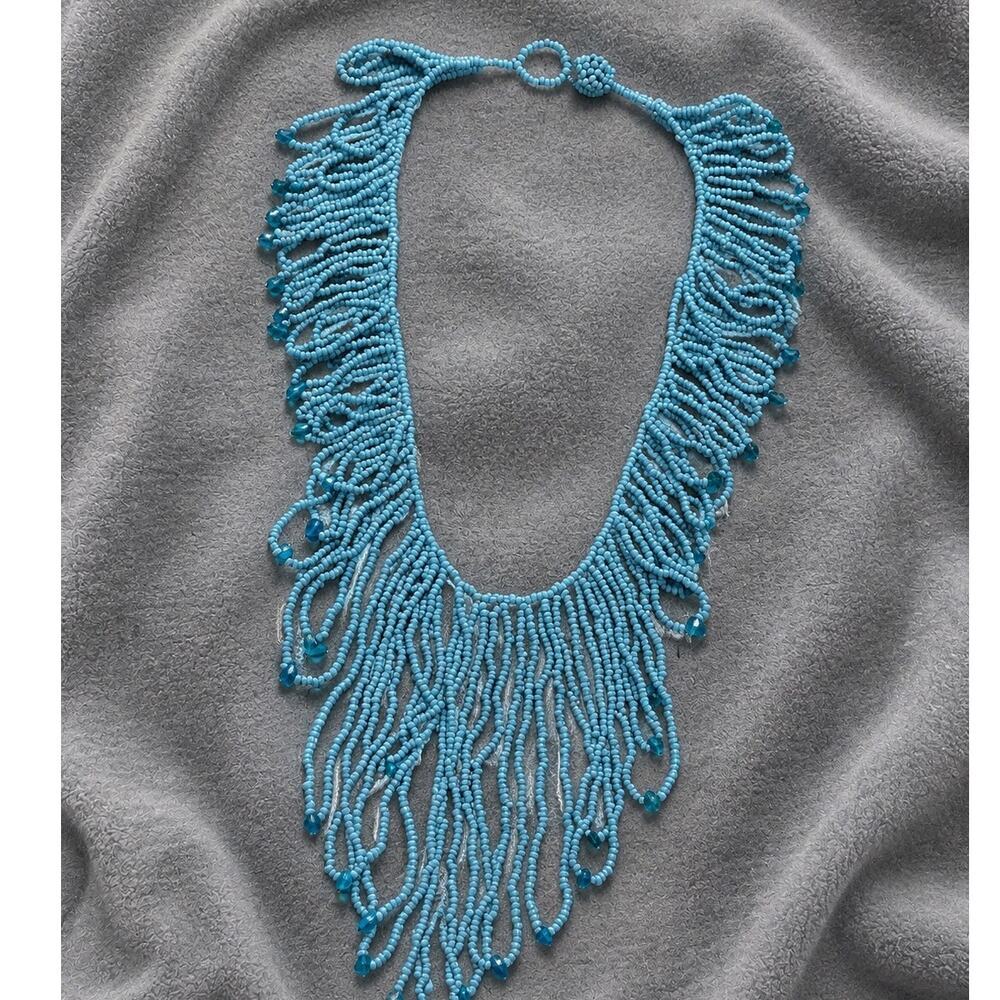 Vintage Blue Seed Bead Statement Fringe Necklace 15” Bib Collar